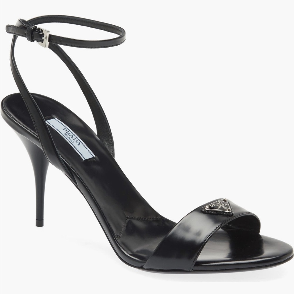 PRADA Spazzolato Metal Triangle Logo Ankle Strap 100mm Sandals size 41.5 in Nero